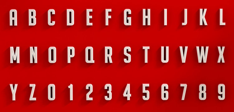 White letters and numbers on red background