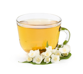 isolated transparent cup of tea with jasmine flowers. 