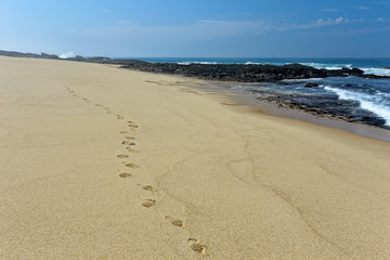 Footprints in the sand of an empty beach