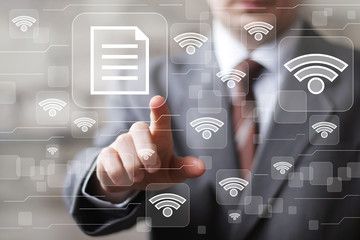 Social network Wifi businessman presses button file icon