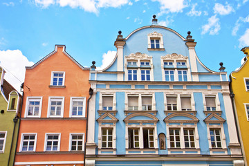 Germany, typical houses in Landshut in Renaissance architecture style. Bavarian town near Munich....