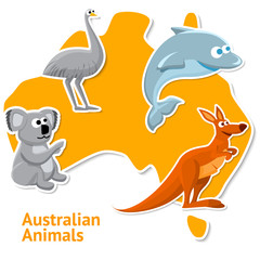 Set of stickers with australian animals and map as a background.