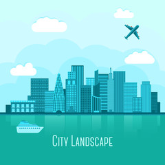 Fototapeta premium Modern big city landscape with reflection in water. With