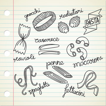 various Italian pasta doodle