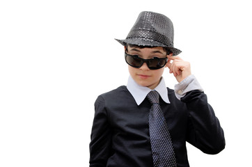 Boy with carnival costume.Teenager in a black carnival costume, wearing hat and sunglasses as a...