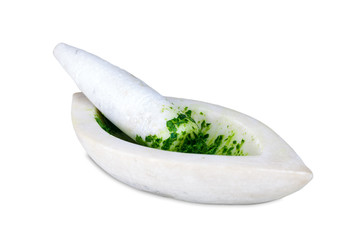 A marble pestle and mortar with neem leaves, isolated on a white background.