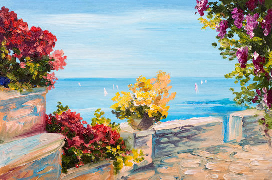 Oil painting landscape - terrace near the sea, flowers