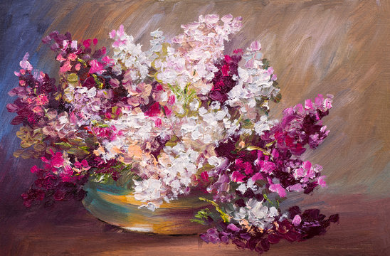 oil painting - bouquet of lilac, colorful still life