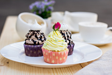 Chocolate Cupcake with chocolate frosting on the table