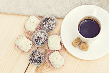 Homemade candy with coconut powder wiht coffee