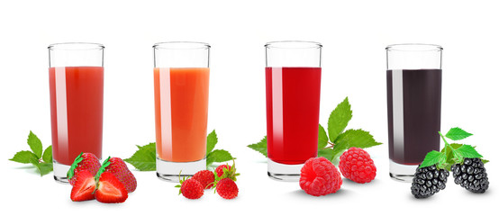 collage juices from berries isolated on white