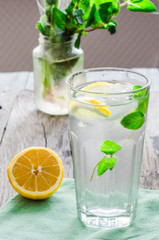 lemonade with ice, lemon slices and fresh mint in a glass