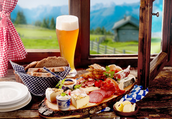 Bavarian tavern lunch with bread, meat and cheese