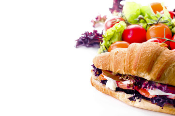 Croissant sandwich with salted salmon on plate,