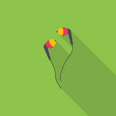 Earphone flat icon design with long shadow. Music card.