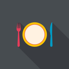 Plate with cutlery illustration. Flat design with long shadows