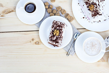 Delicious chocolate cake on plate on table on light background