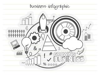 Set of business infographic elements on notebook paper.