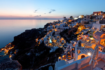 night view oia santorini greece, romantic lighting holiday buildings