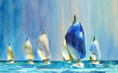 Fototapeta premium New Hope, Yachts sailing regatta. Oil on canvas