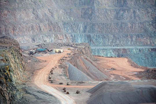 stone crusher machine in an open pit mine. mining industry