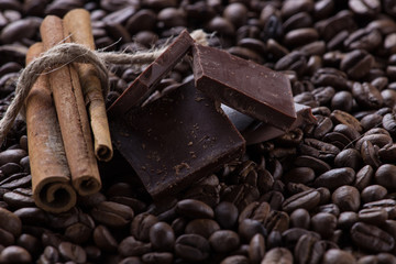 Chocolate with cinnamon sticks on coffee background, selective focus