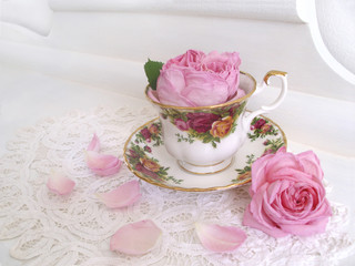 Alte englische Porzellantasse mit zwei rosa Rosen und einzelnen Blütenblättern dekoriert, darunter ein nostalgisches Deckchen und auf einer alten Kommode stehend.