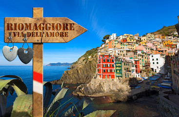 Riomaggiore - The Way of Love / The way of love sign (via dell'amore) in Riomaggiore village,...