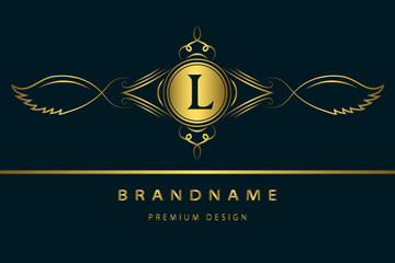 Monogram design elements, graceful template. Calligraphic elegant line art logo design. Gold emblem, L. Business sign for Royalty, Boutique, Cafe, Hotel, Heraldic, Jewelry, Wine. Vector illustration