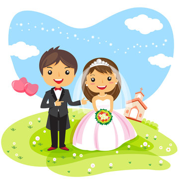 wedding Invitation couple cartoon, cute character design - vector illustration