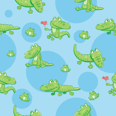 Naklejka premium Seamless pattern with cartoon crocodiles and frogs on a blue background.