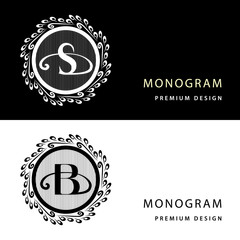 Monogram design elements, graceful template. Letter emblem S, B. Calligraphic elegant line art logo design for business cards, Royalty, Boutique, Cafe, Hotel, Heraldic, Jewelry. Vector illustration