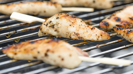 Chicken Satay - Char-grilled spicy mini chicken fillet skewers on a barbecue.