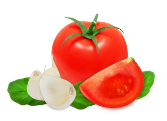 Cloves of garlic, basil leaves and red ripe tomato isolated on a white background. Italian cuisine ingredients.
Design element for product label.
