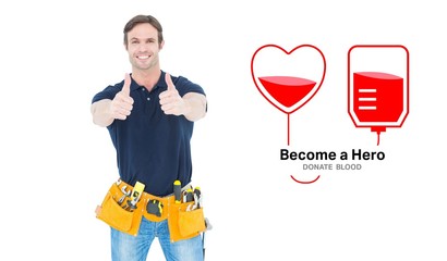 Composite image of man wearing tool belt while showing thumbs up