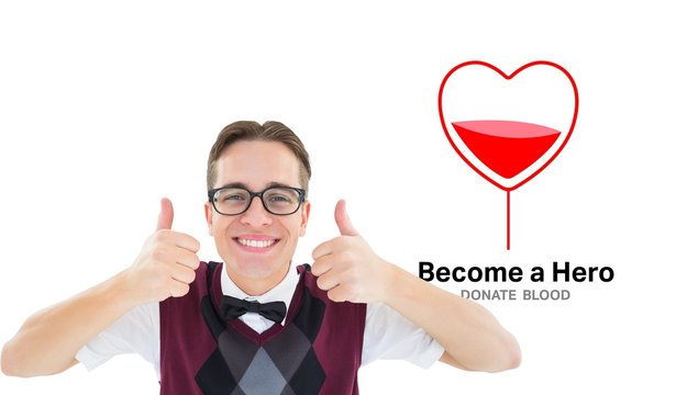 Composite image of smiling geeky hipster looking at camera showing thumbs up