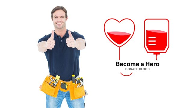 Composite image of man wearing tool belt while showing thumbs up