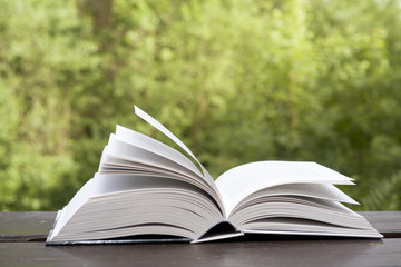 oponed book on a wooden garden table