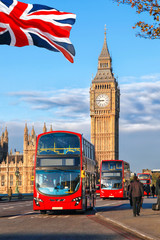 Big Ben with buses in London, England, UK - 86268056