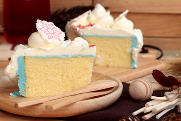 White cream cake delicious on wood background