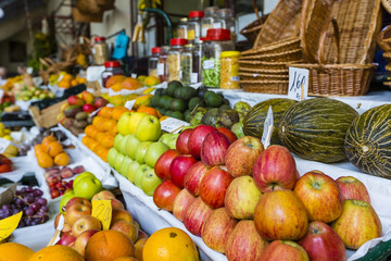 Fresh exotic fruits in Mercado Dos Lavradores. Funchal, Madeira,
