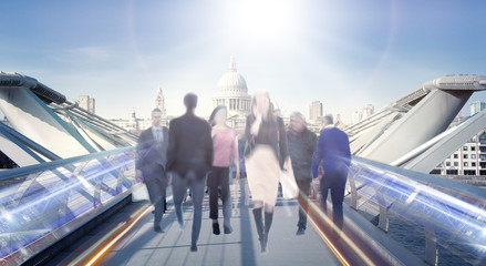 Business background with walking people blur silhouettes 