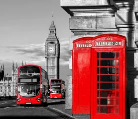 Papier Peint photo Lavable Bus rouge de Londres Londres avec des bus rouges contre Big Ben en Angleterre, Royaume-Uni