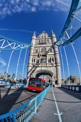Fototapeta na wymiar Famous Tower Bridge with red bus in London, England