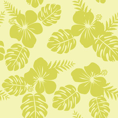 ropical Pattern with Monstera leaves and hibiscus