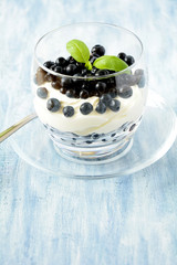 Yogurt with blueberry on glass