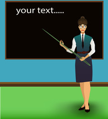 teacher with a pointer/ Young strict teacher in glasses holding a pointer for teaching, stands near the Board.