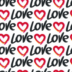 Vector seamless pattern, hand drawn word love and red heart, iso