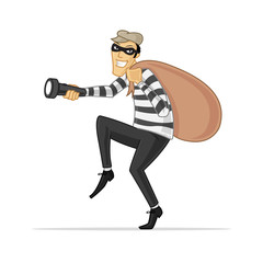 Thief with flashlight and bag vector cartoon illustration