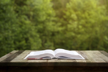 oponed book on a wooden garden table
